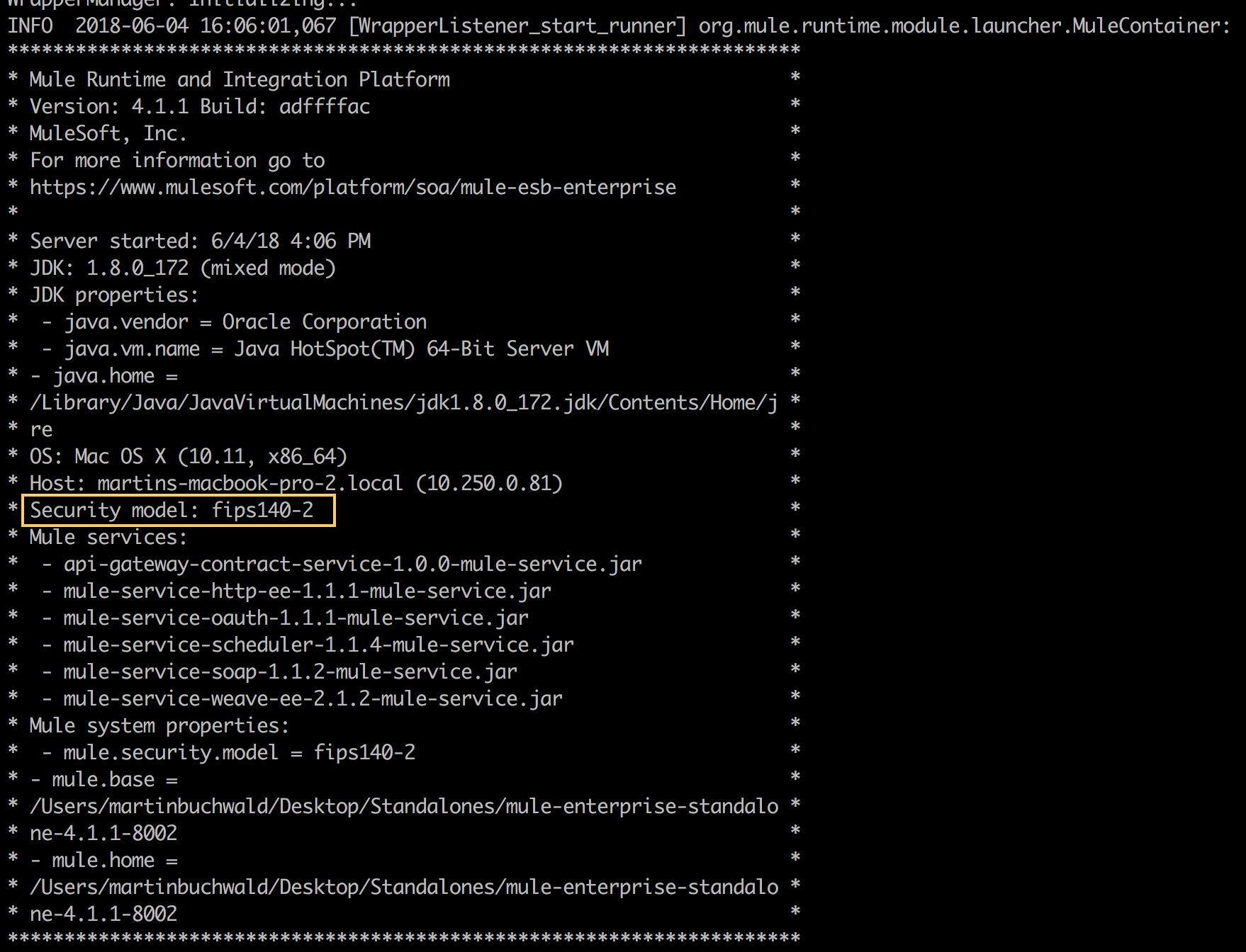 A console output showing startup logs for a Mule server with FIPS 140-2 security model enabled