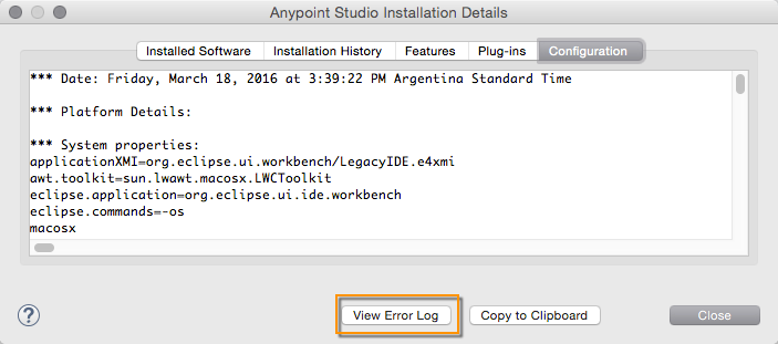 An Anypoint Studio error log viewer interface