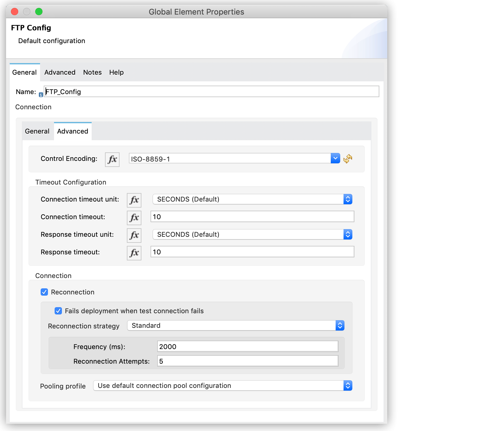 An FTP configuration with reconnection strategy