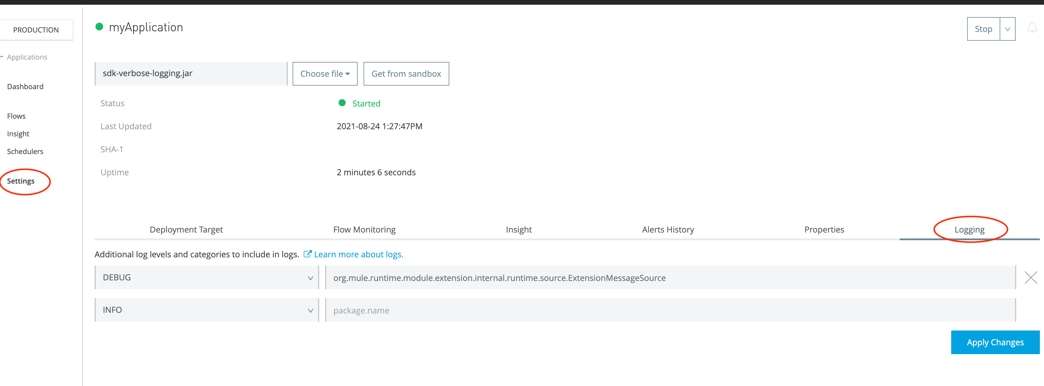 Logging tab in Runtime Manager