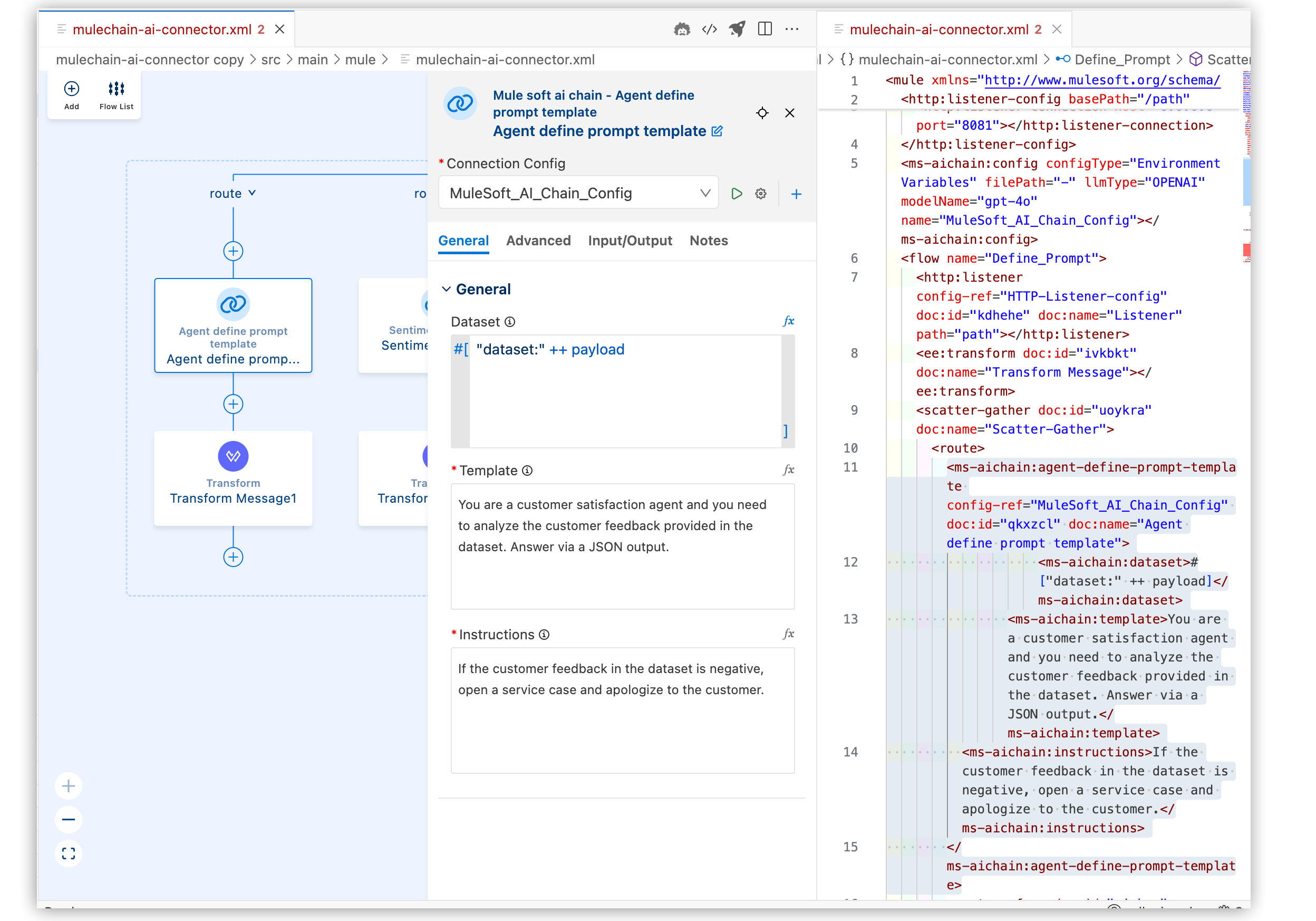 Anypoint Code Builder canvas with Agent define prompt template highlighted, configuration attributes filled in, and the XML code for the configured action