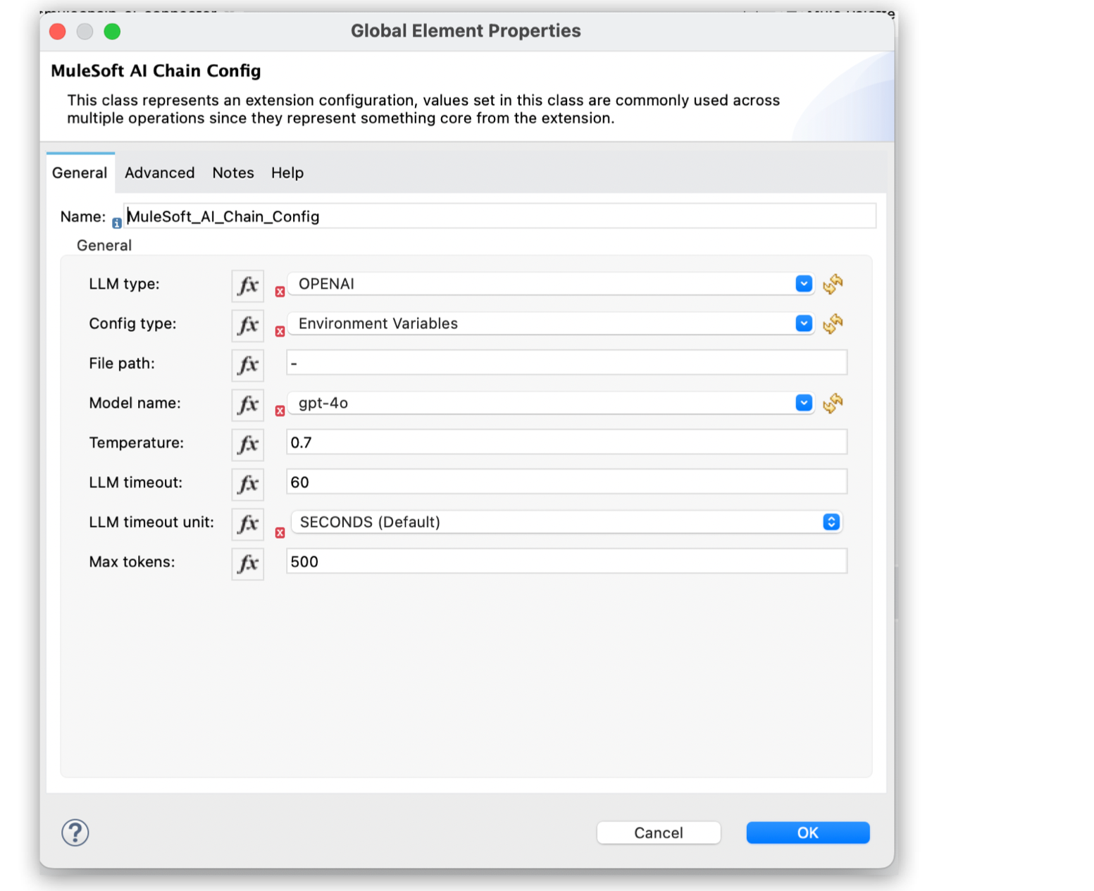 Global Element Properties window with configuration fields filled out for the Environment Variables configuration type