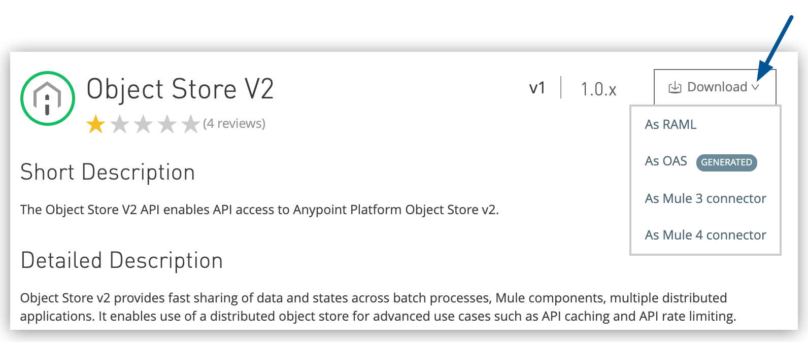 Download button for the Object Store v2 API in Exchange