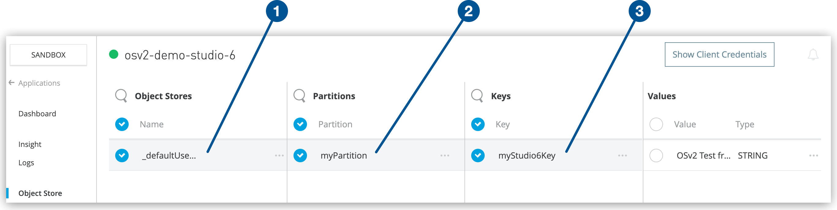 Object Store tab, key, and value in Runtime Manager