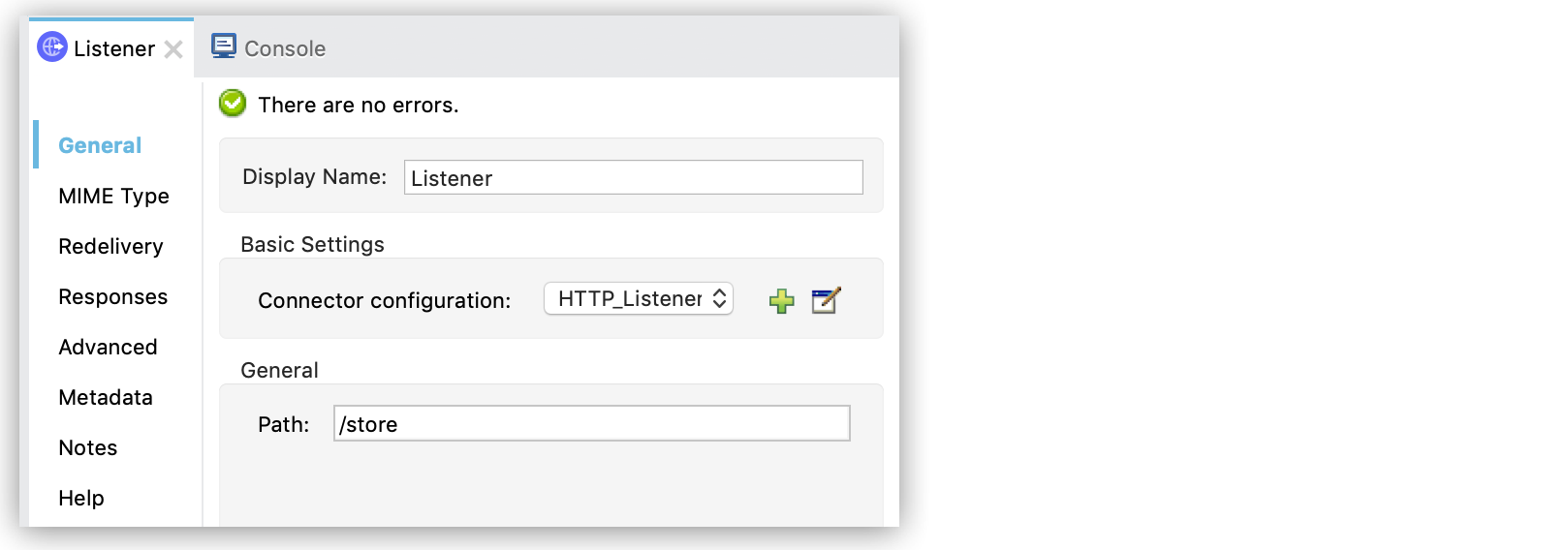 Path property and Connector configuration icon for the Listener operation