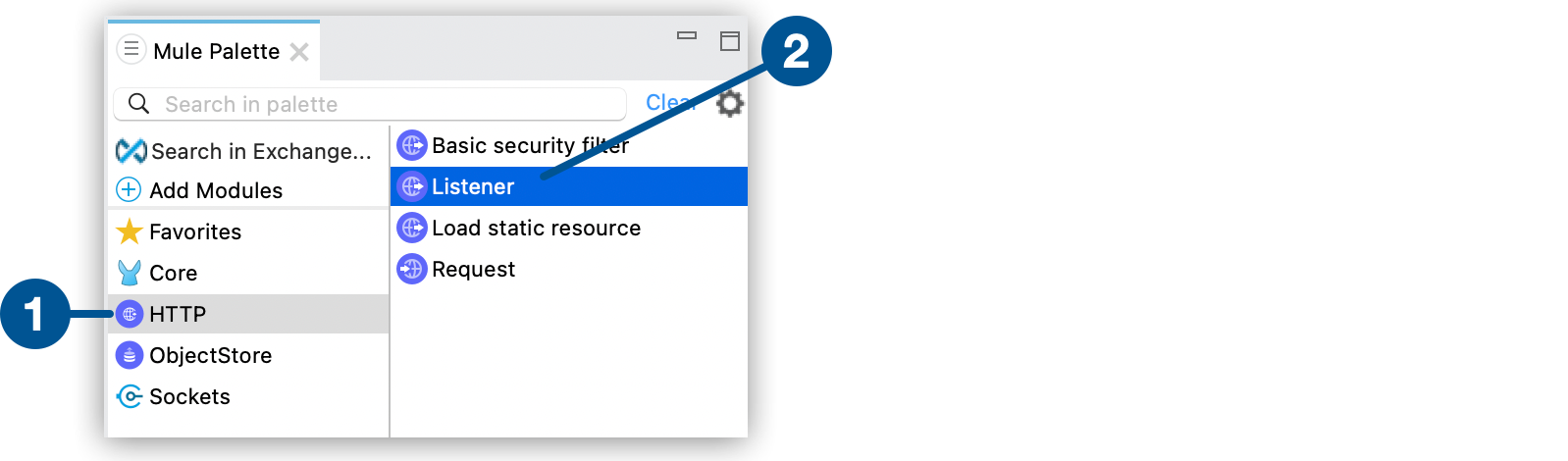 HTTP Connector and Listener operations in the Mule Palette view