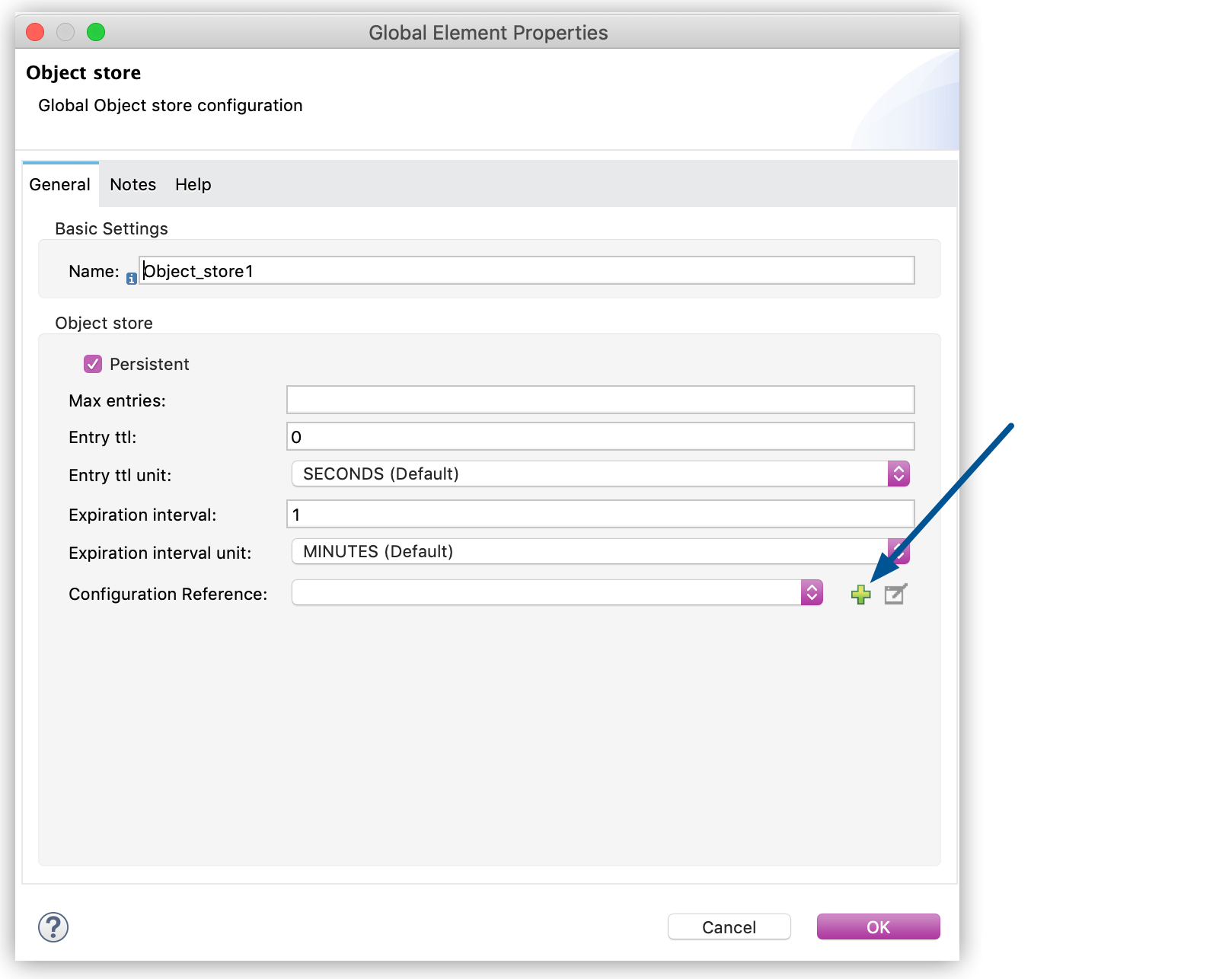 Green plus icon for the Configuration Reference field in the Global Element Properties window