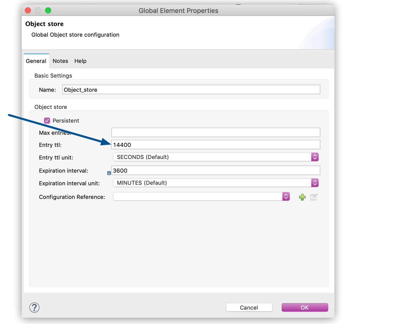 Entry ttl field in the Global Object Store Configuration window