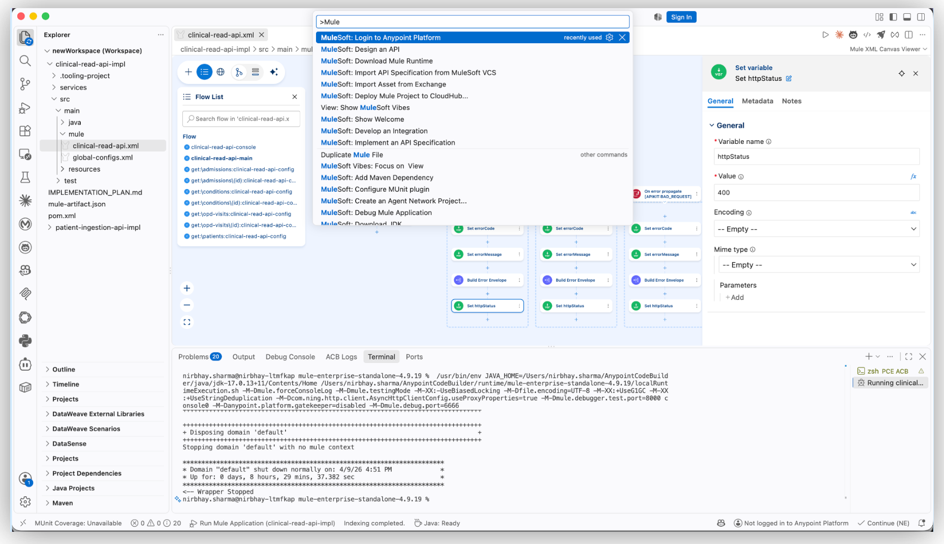 Anypoint Code Builder in VS Code, with the command palette open to MuleSoft: Login to Anypoint Platform, a Mule flow on the canvas, and the local runtime in the terminal