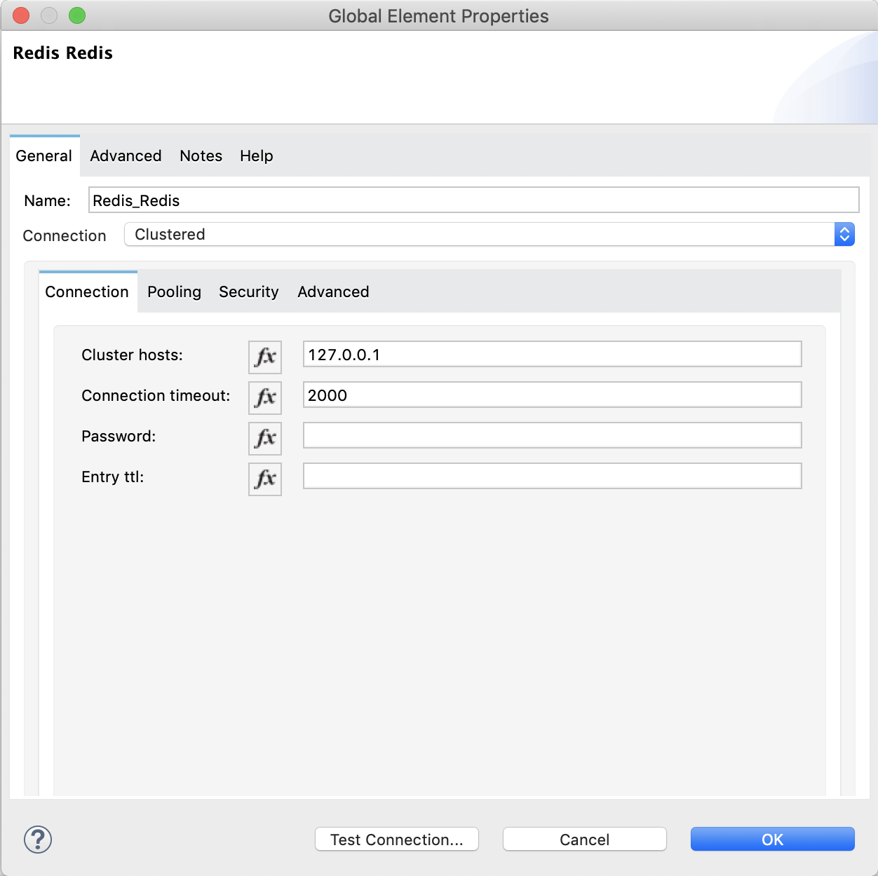 Configuration fields for Redis clustered connection type