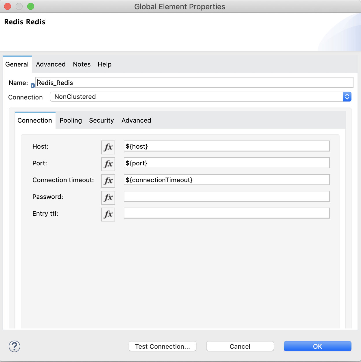 Configuration fields for Redis non-clustered connection type