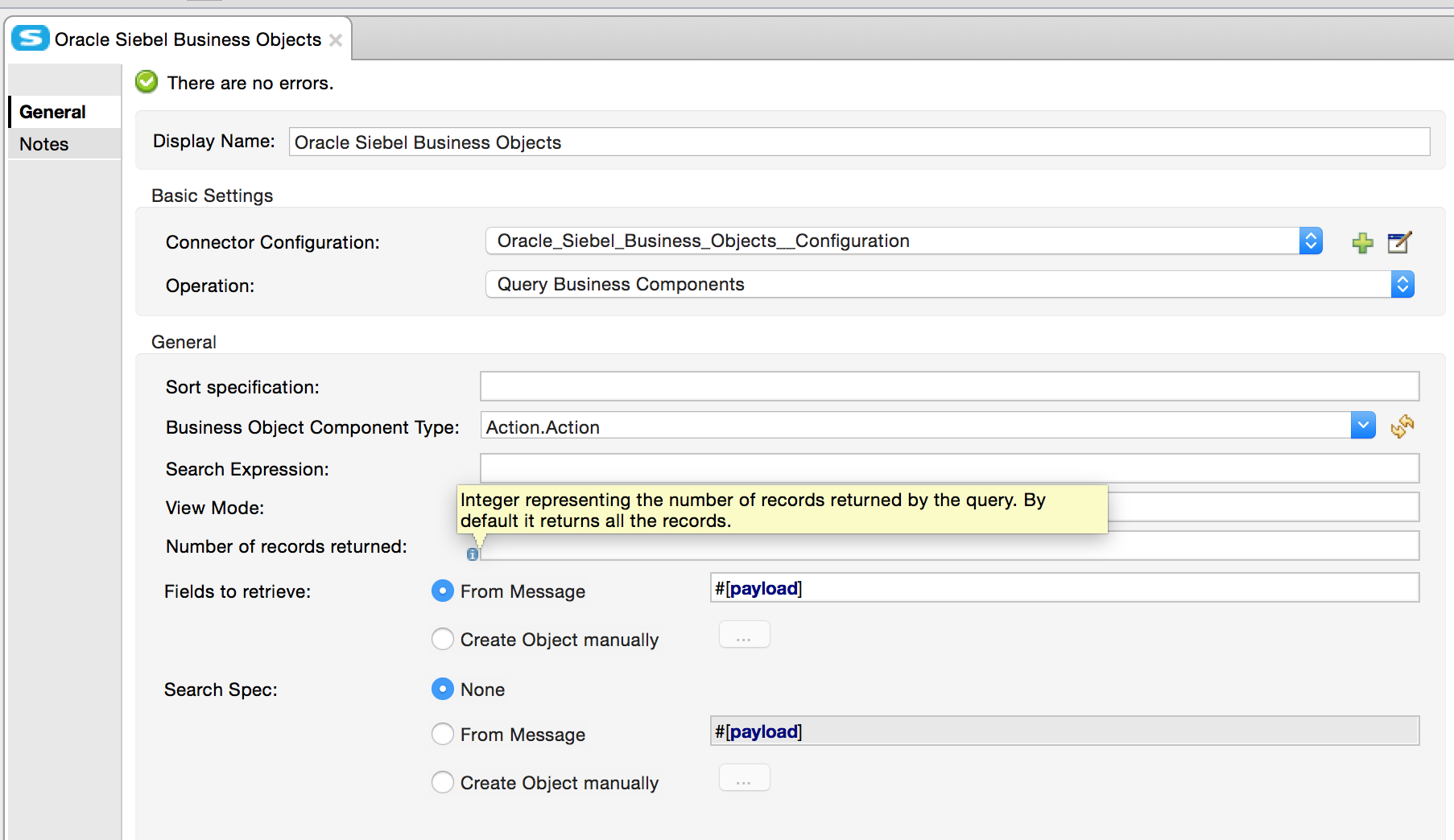 The configuration panel for the Query Business Components operation with the Number of records returned field