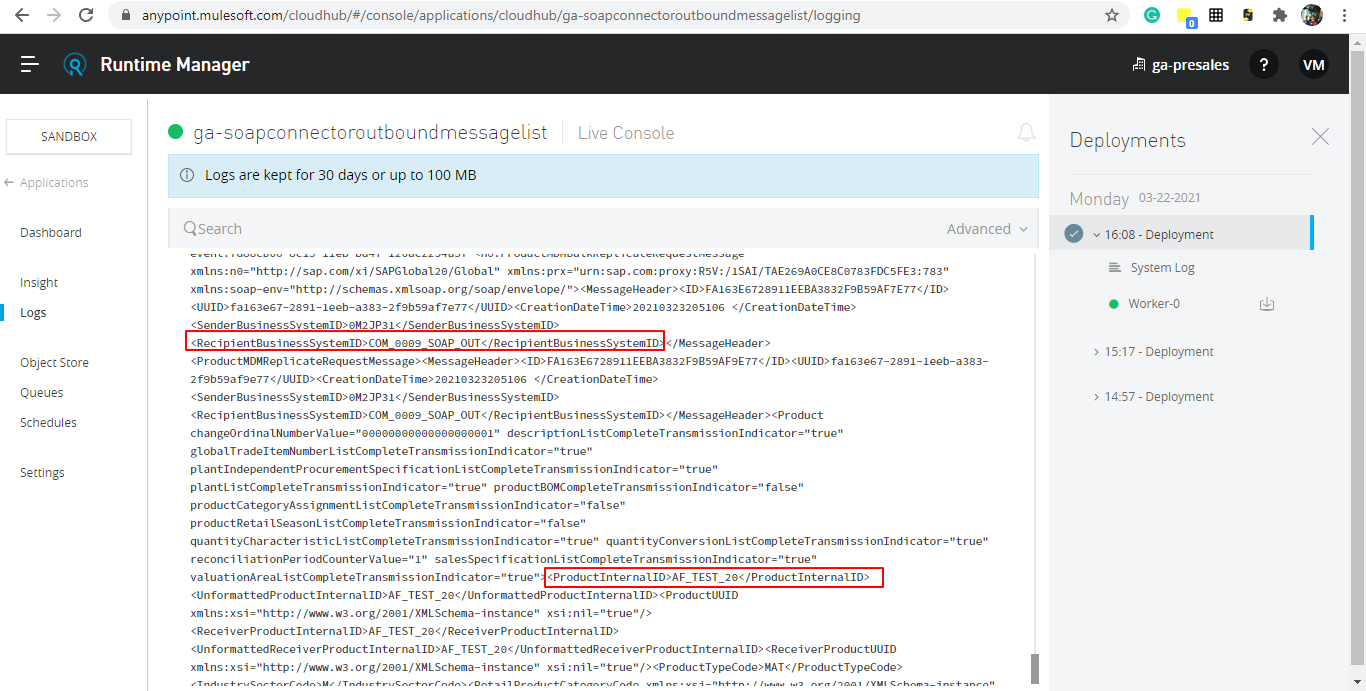 Anypoint Runtime Manager log with the received product replication message