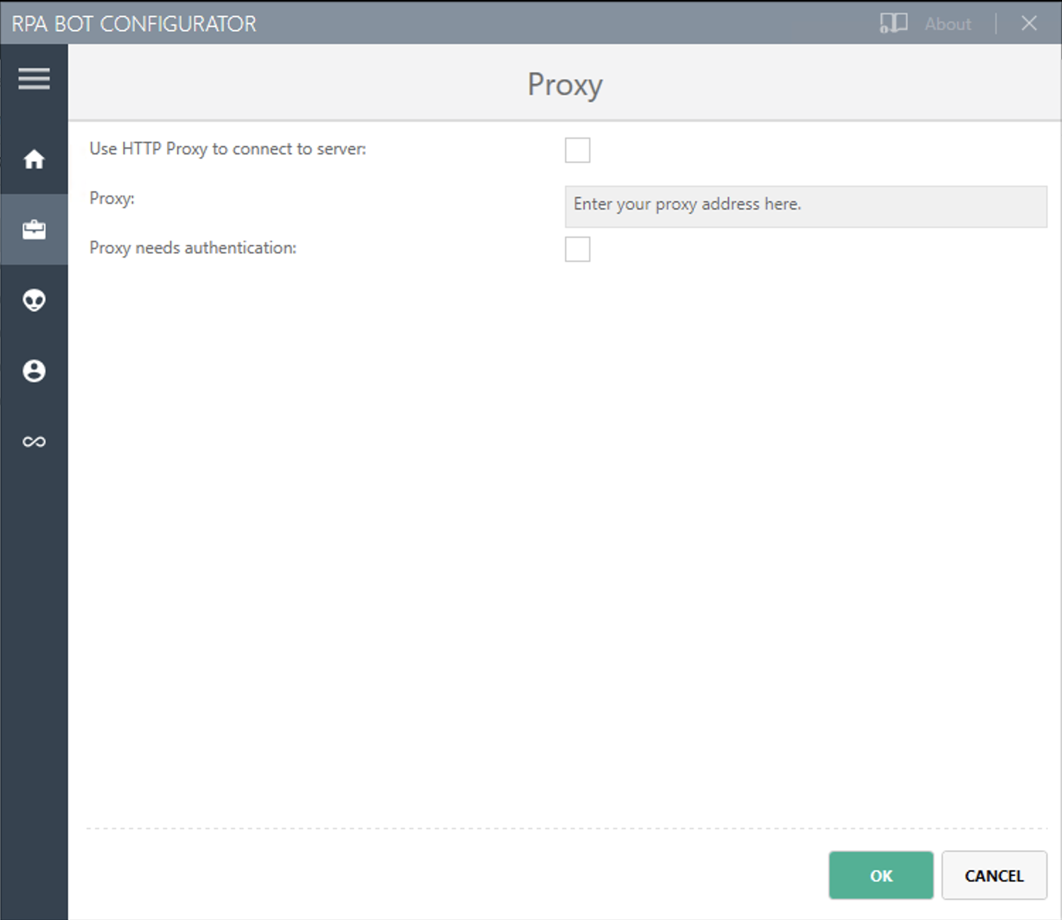 The RPA Bot configurator application showing the Proxy settings panel