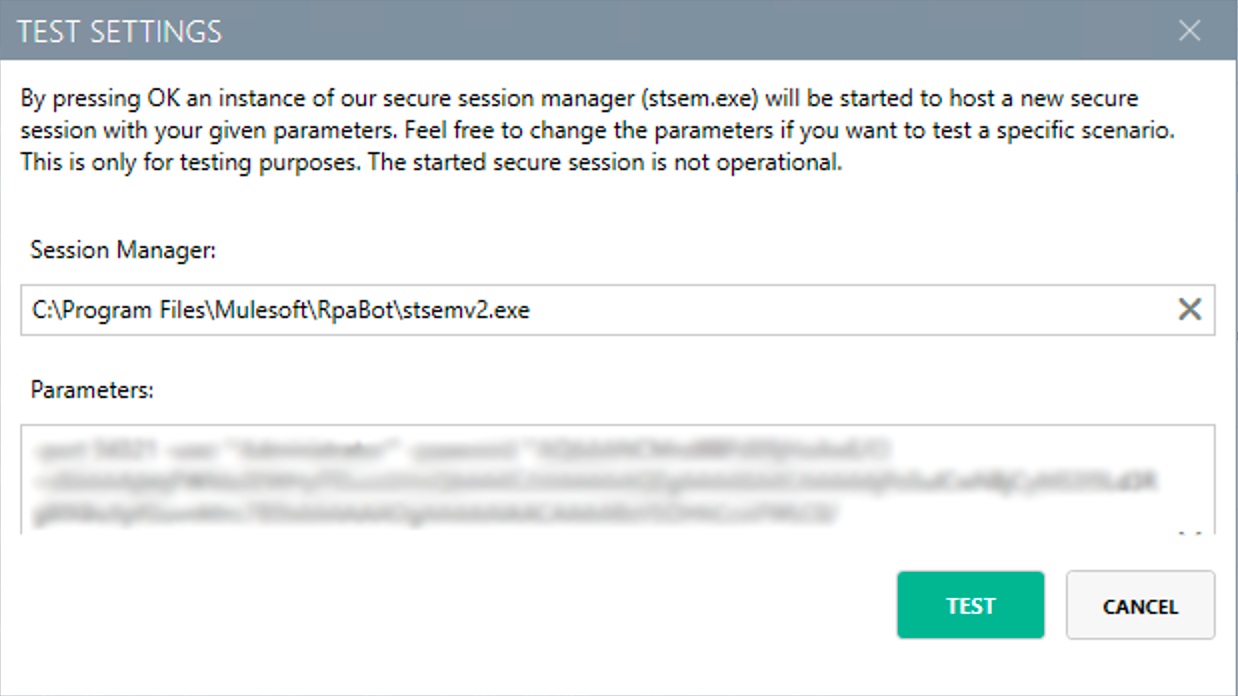 The RPA Bot configurator application showing the Test Settings window