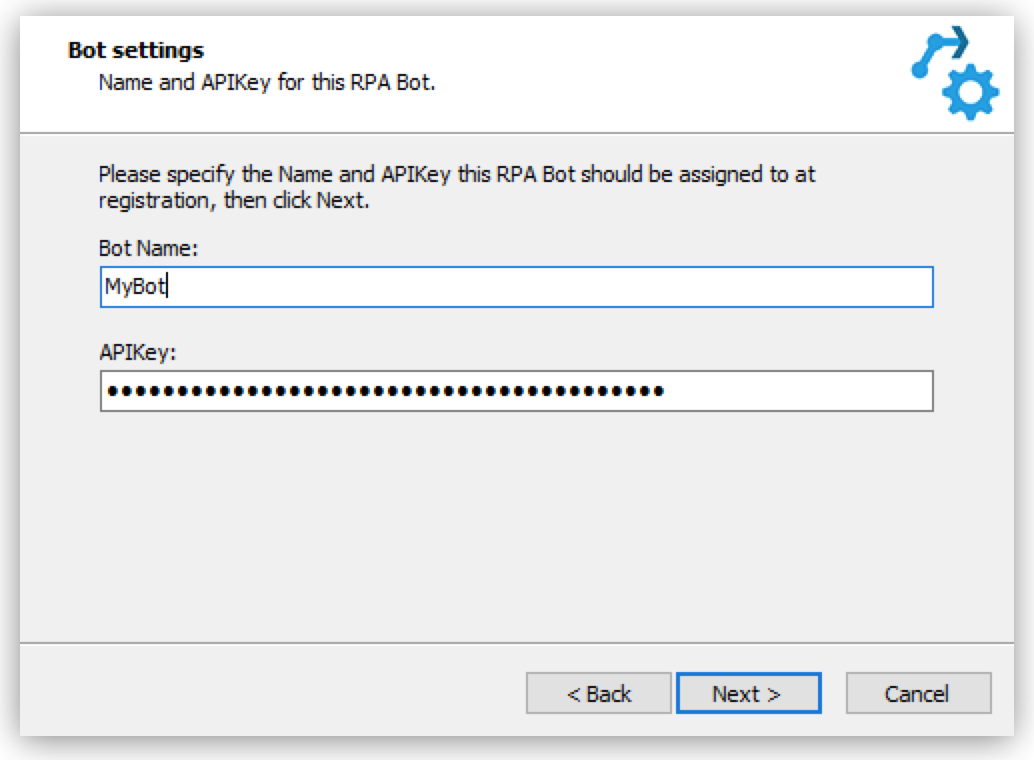 The RPA Bot installer window asking for the APIKey to use