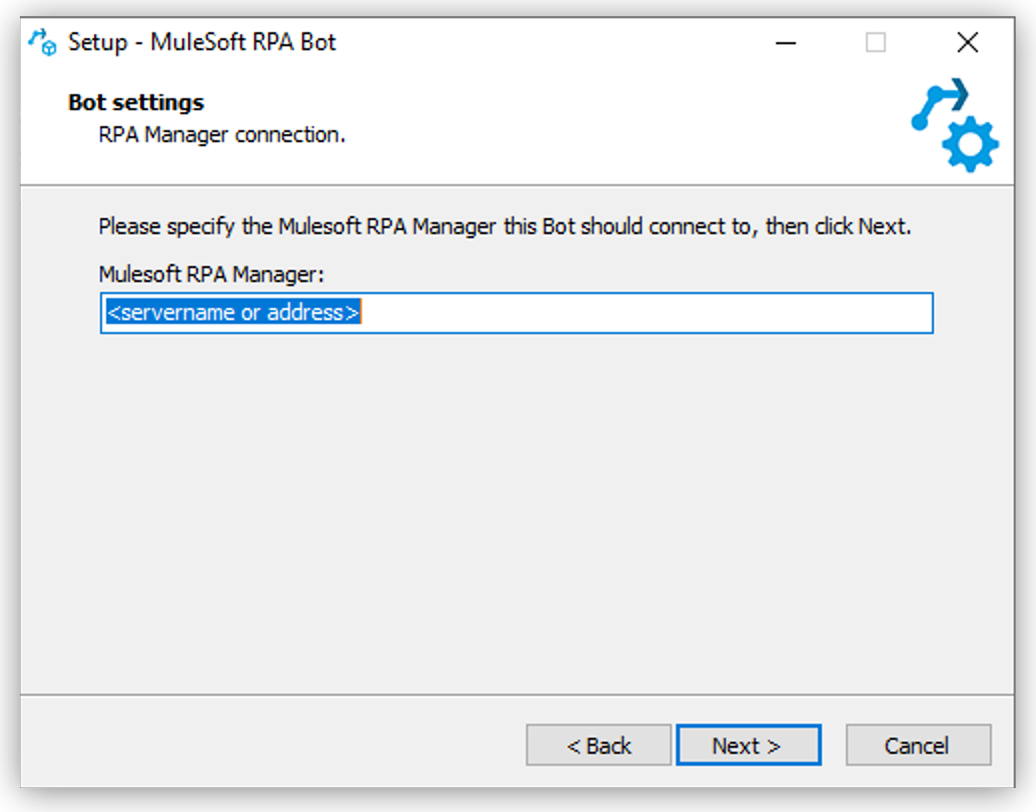 The RPA Bot installer window asking for the RPA Manager address to use