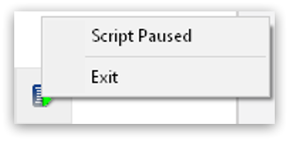 The test script tray icon showing the Script Paused and Exit options