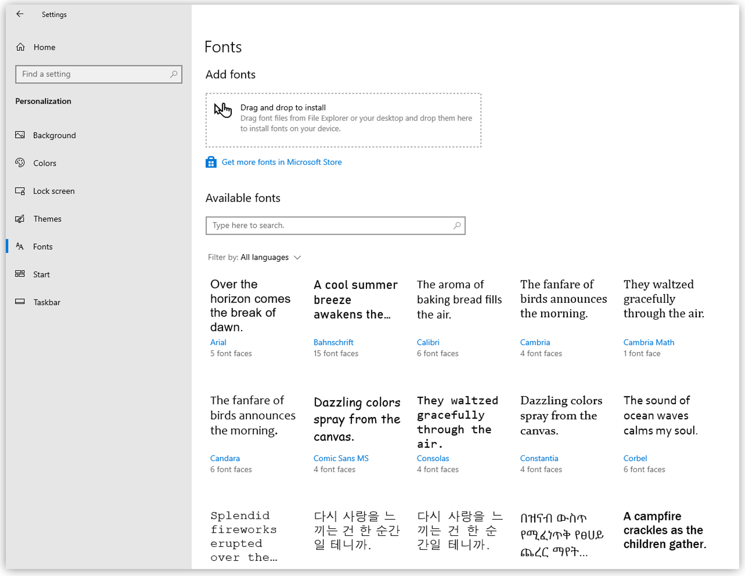 Windows settings showing font options