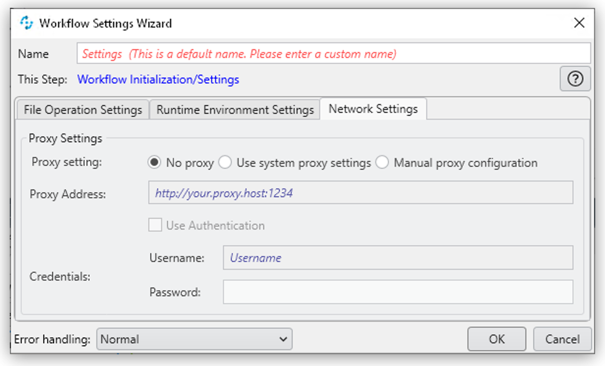 The Workflow Settings Wizard showing the Network Settings tab