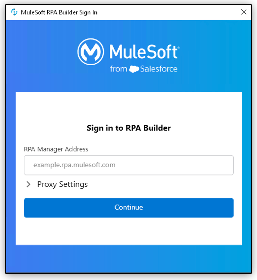 The Anypoint Platform login screen prompt to configure the RPA Manager address