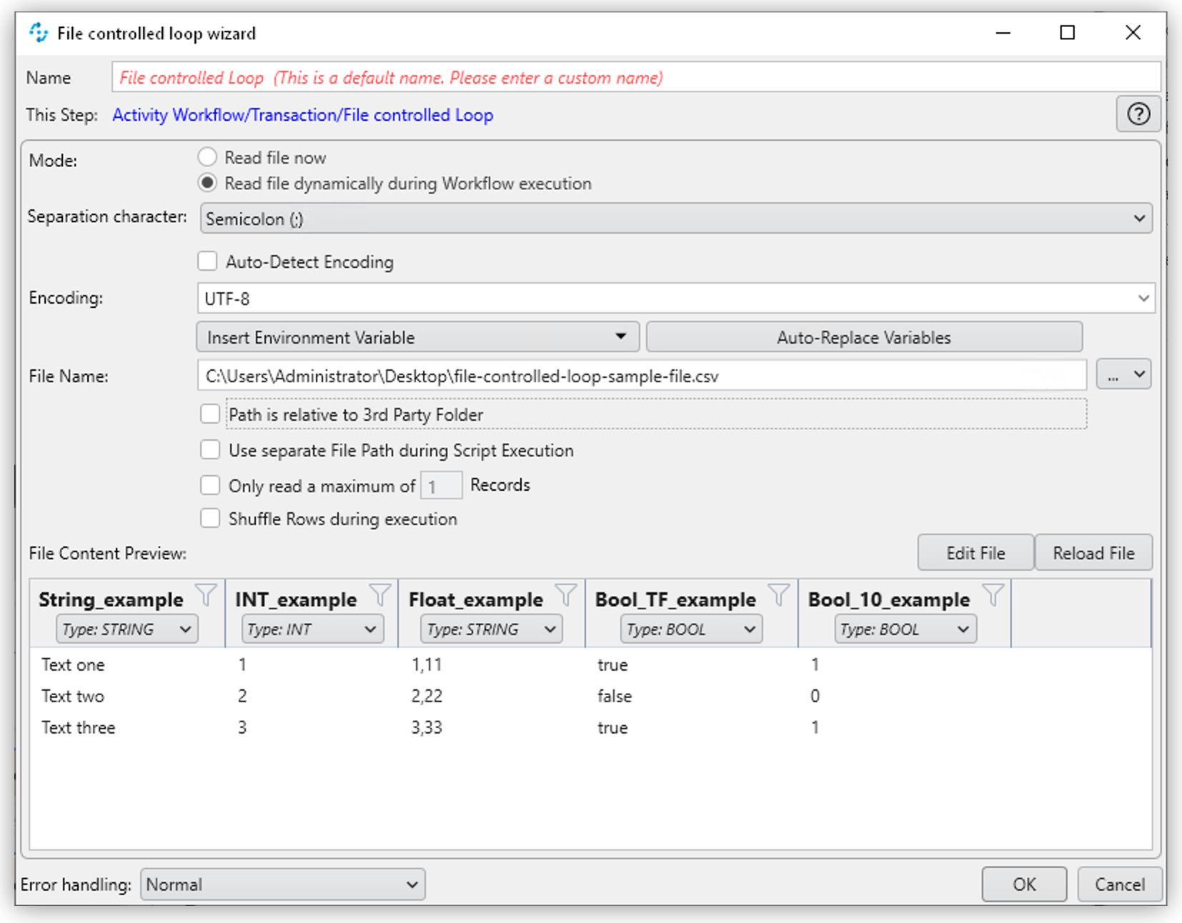 The File Controlled Loop wizard showing the file preview when Read file dinamically during Workflow execution is selected