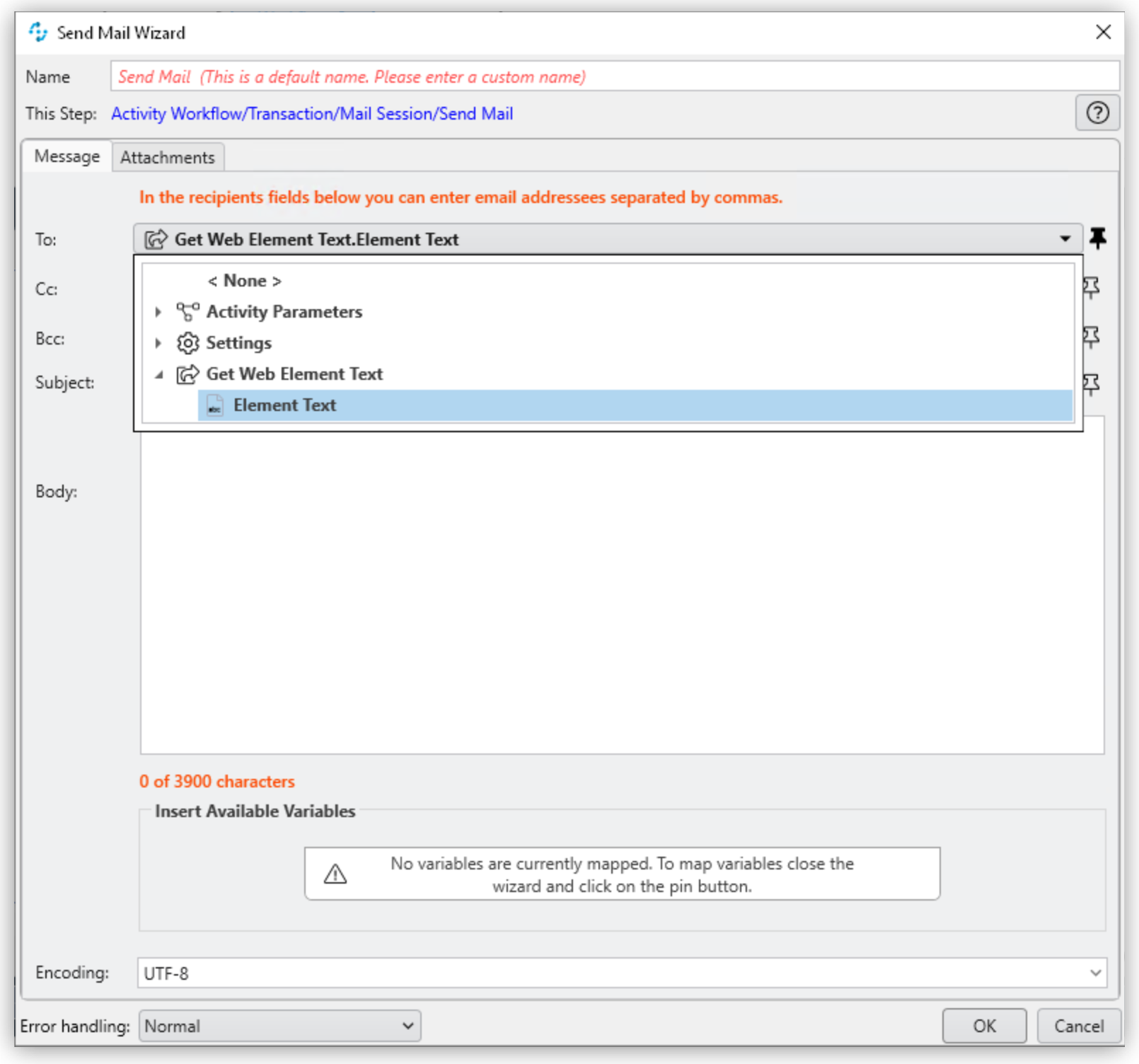 The Send Mail Wizard using a Pin variable to configure the email address.