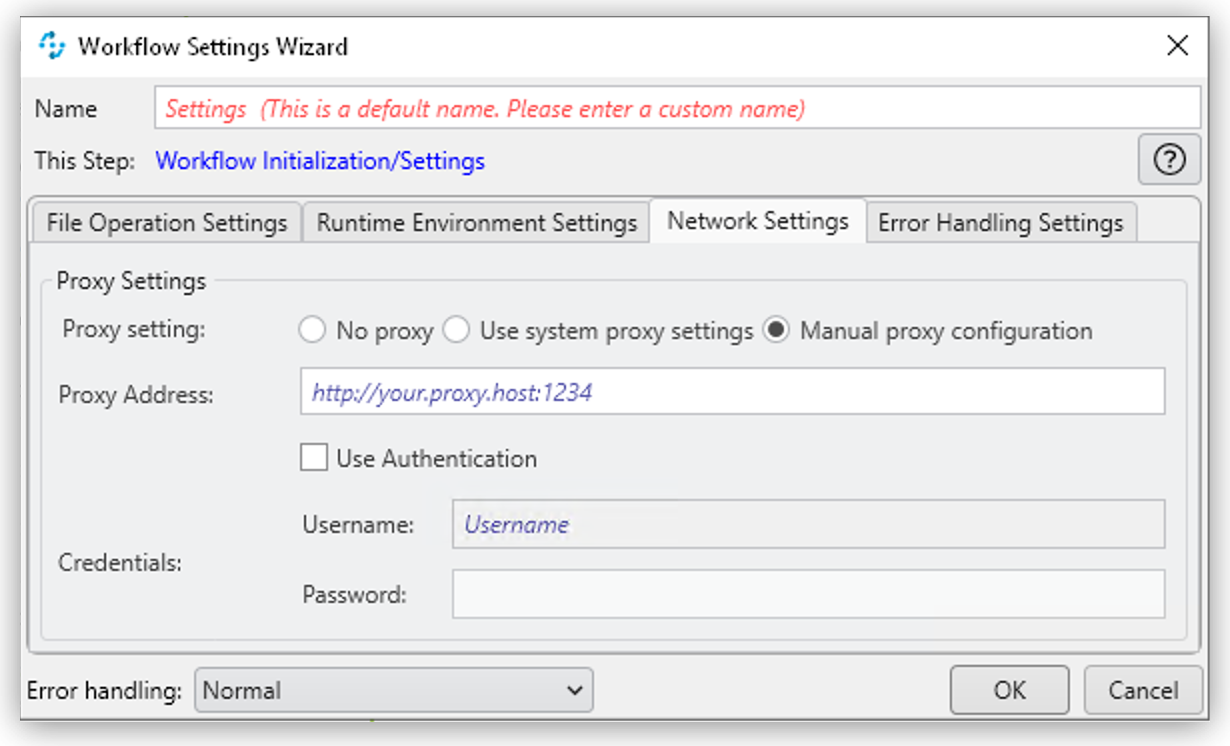 The Workflow Settings Wizard showing the Network Settings tab