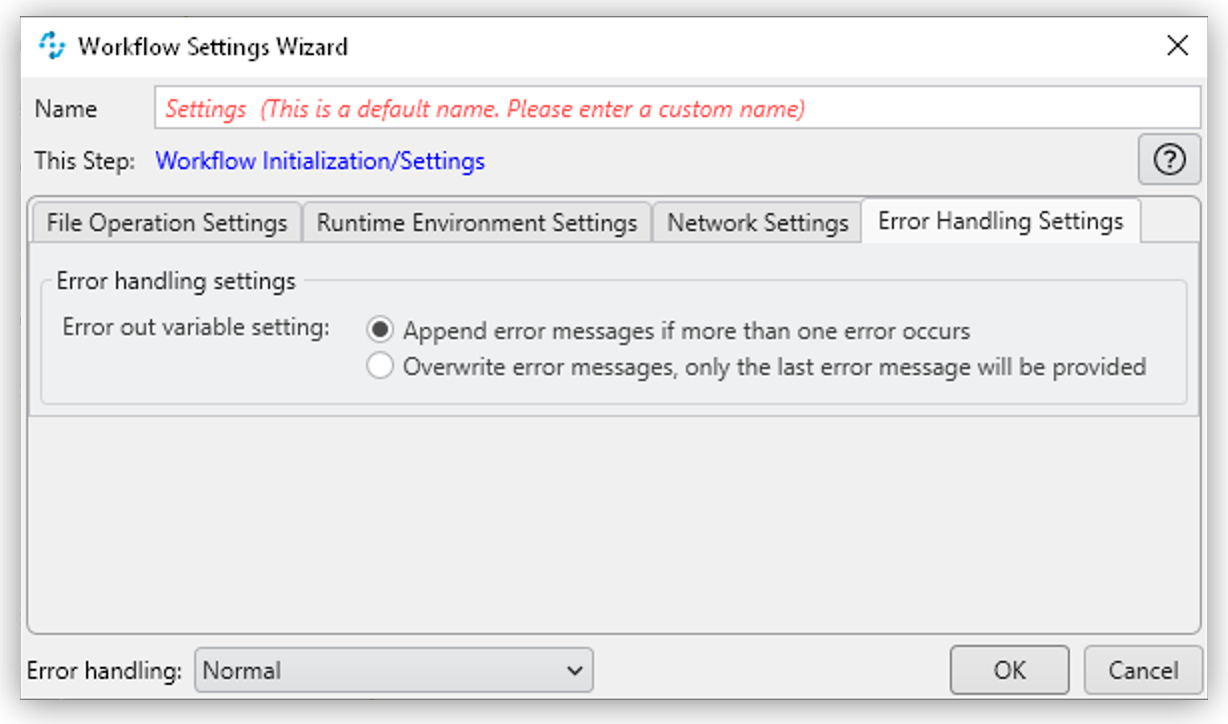 The Workflow Settings Wizard showing the Error Handling Settings tab