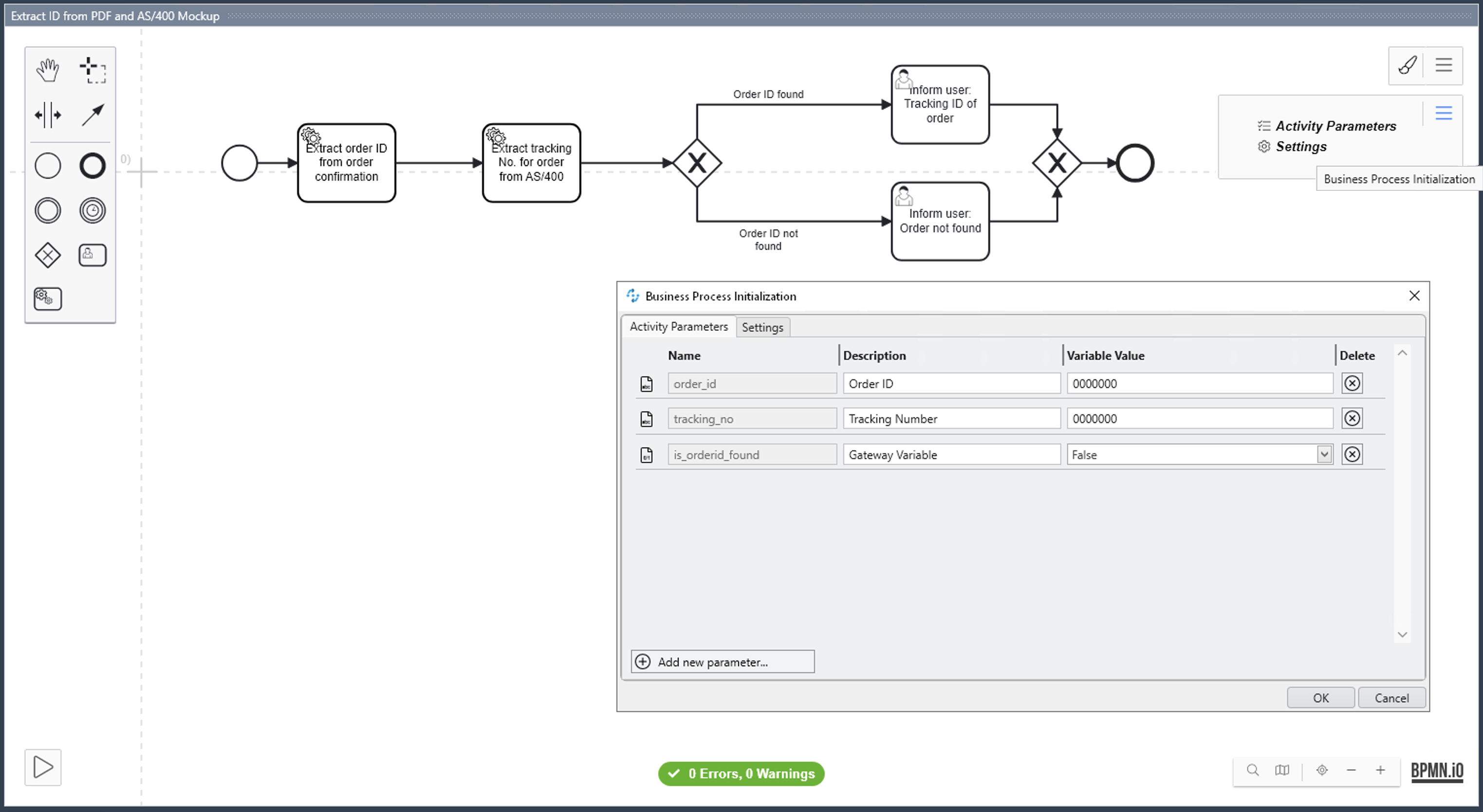 The Activity Parameter tab in the Business Process Initialization window on the modelling workbench in RPA Builder shows the three parameters of the process.