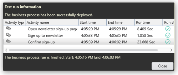 The test run information in RPA Builder