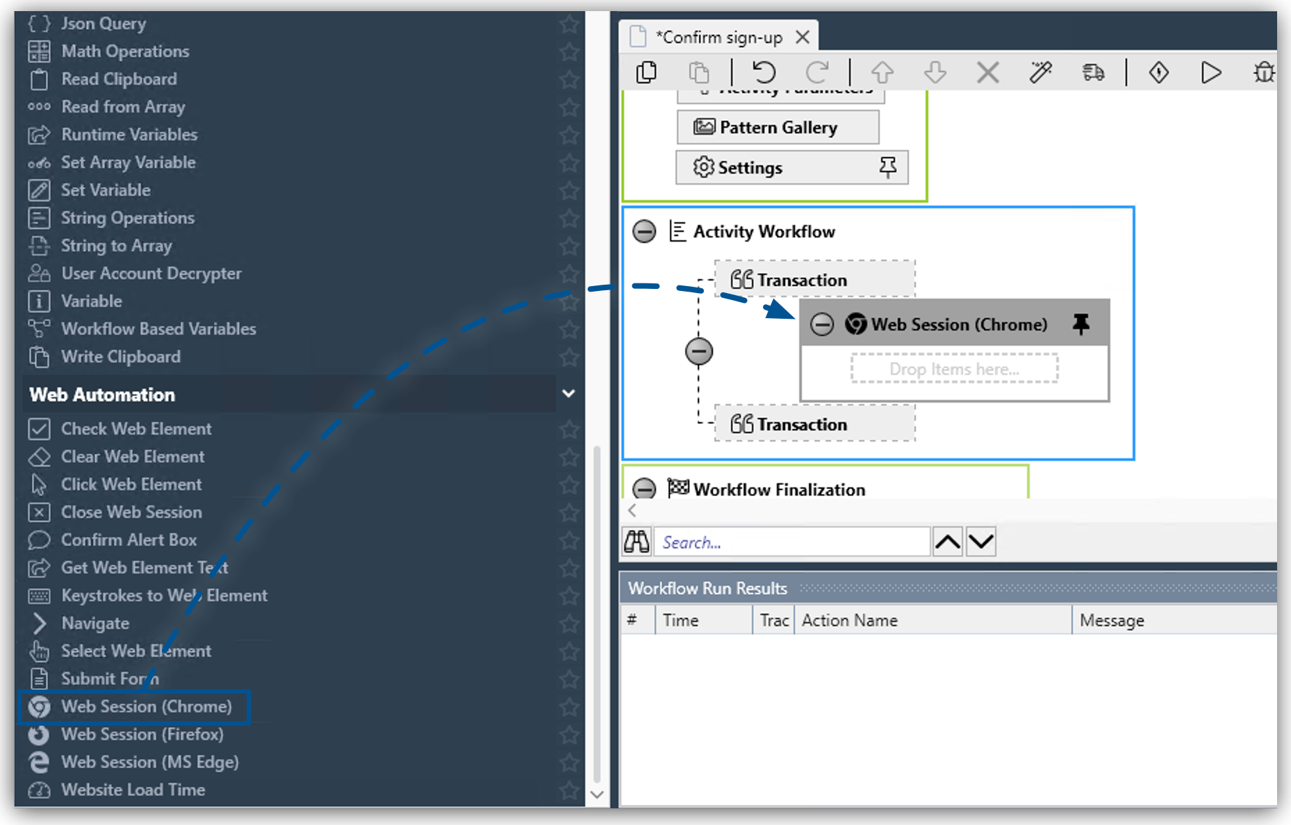 The activity workflow with a Web Session element