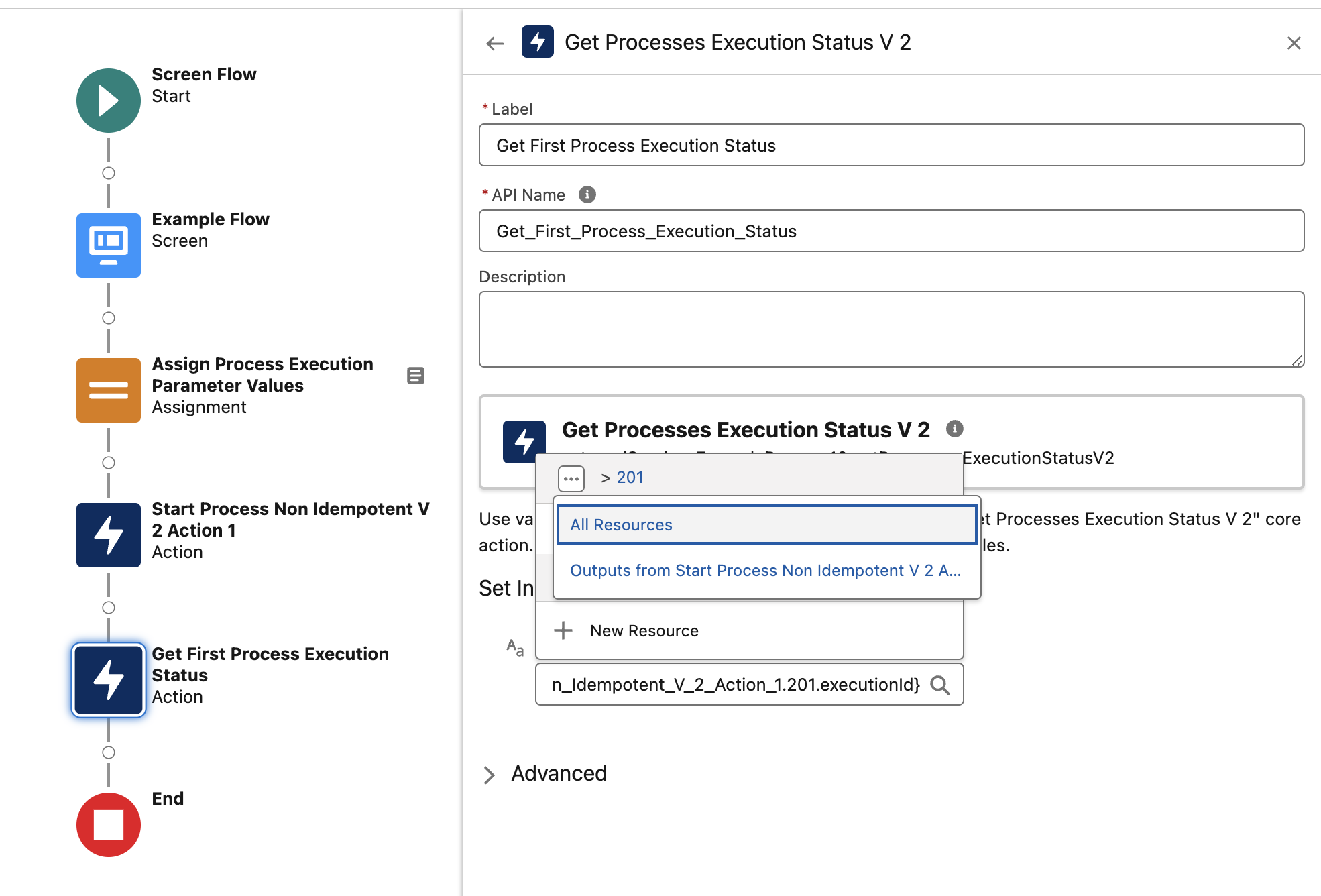 Configuration of the Get Process Execution Status V2 action using part of the 201 output of the Start Process action as execution ID in Flow Builder