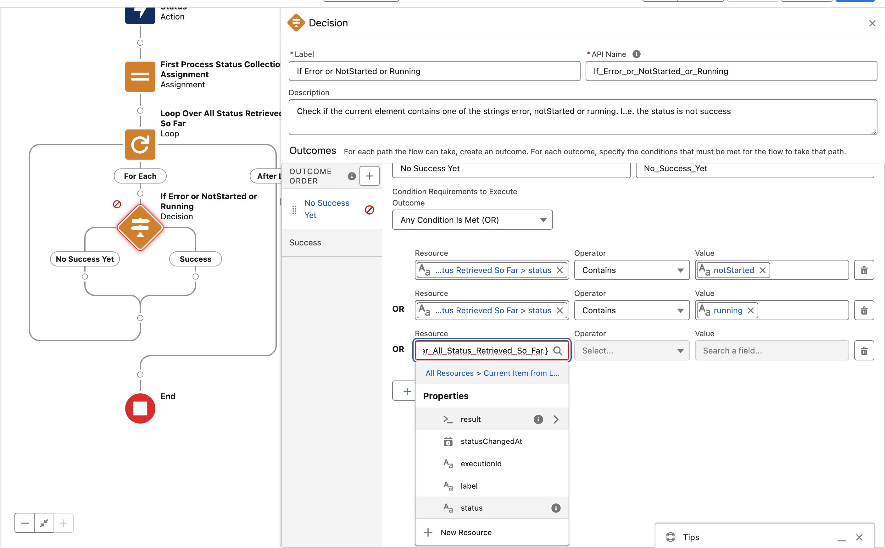 Configuration of a decision using text constants to check for the current execution status in Flow Builder