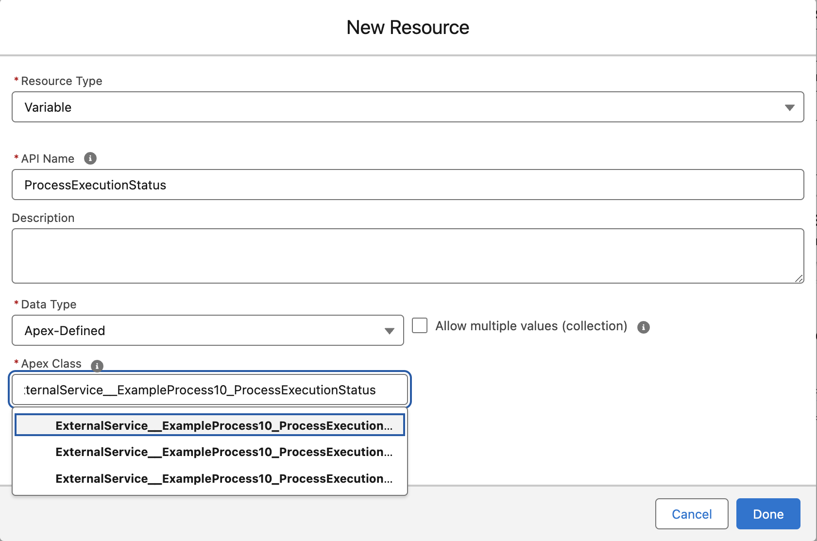 New Apex-Defined variable resource for the process execution status in Flow Builder