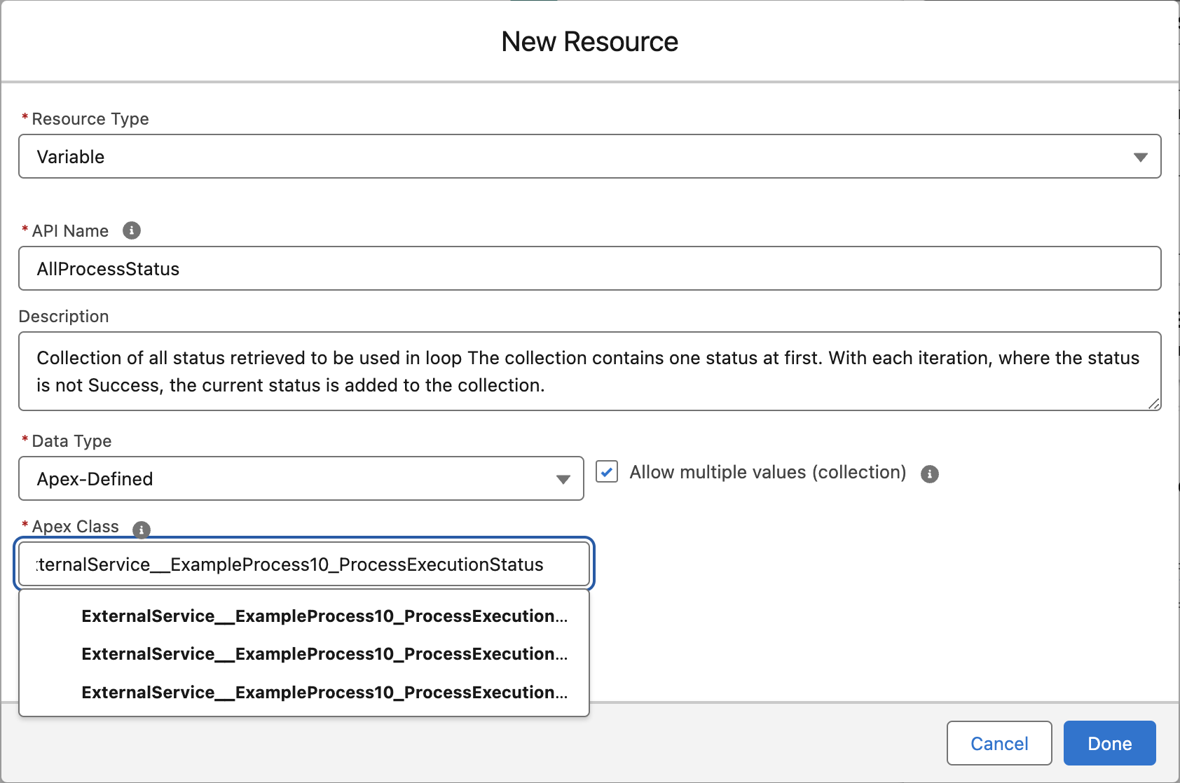 New Apex-Defined variable collection resource for all process execution statuses in Flow Builder