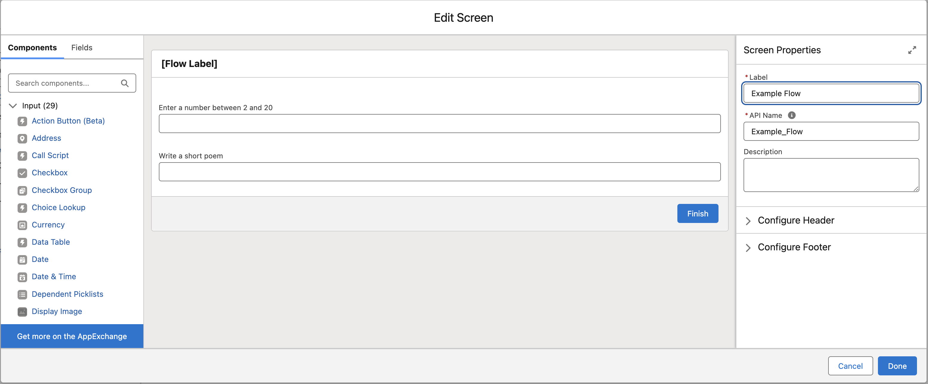 Screen configuration for input parameters in Flow Builder