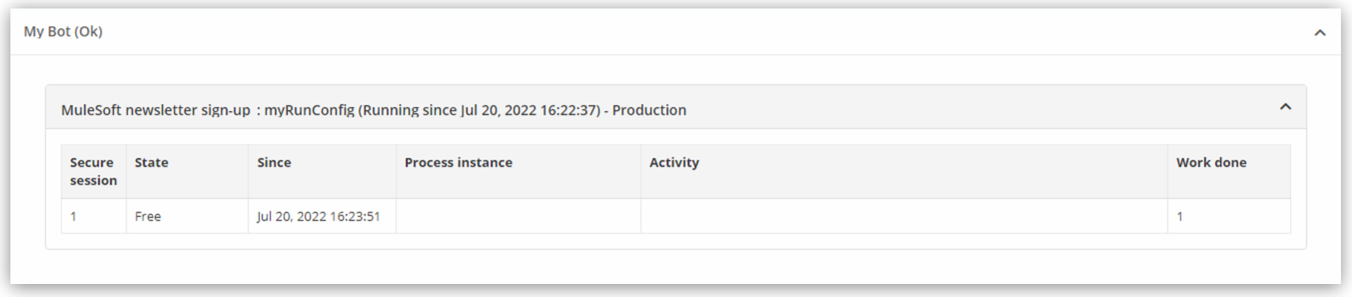 The Bot state and operation window showing process execution results