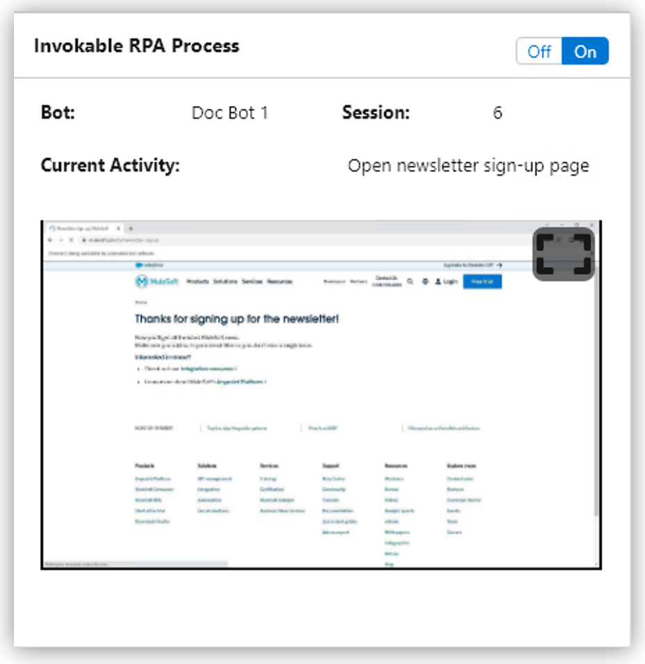 The process streaming window showing a process running