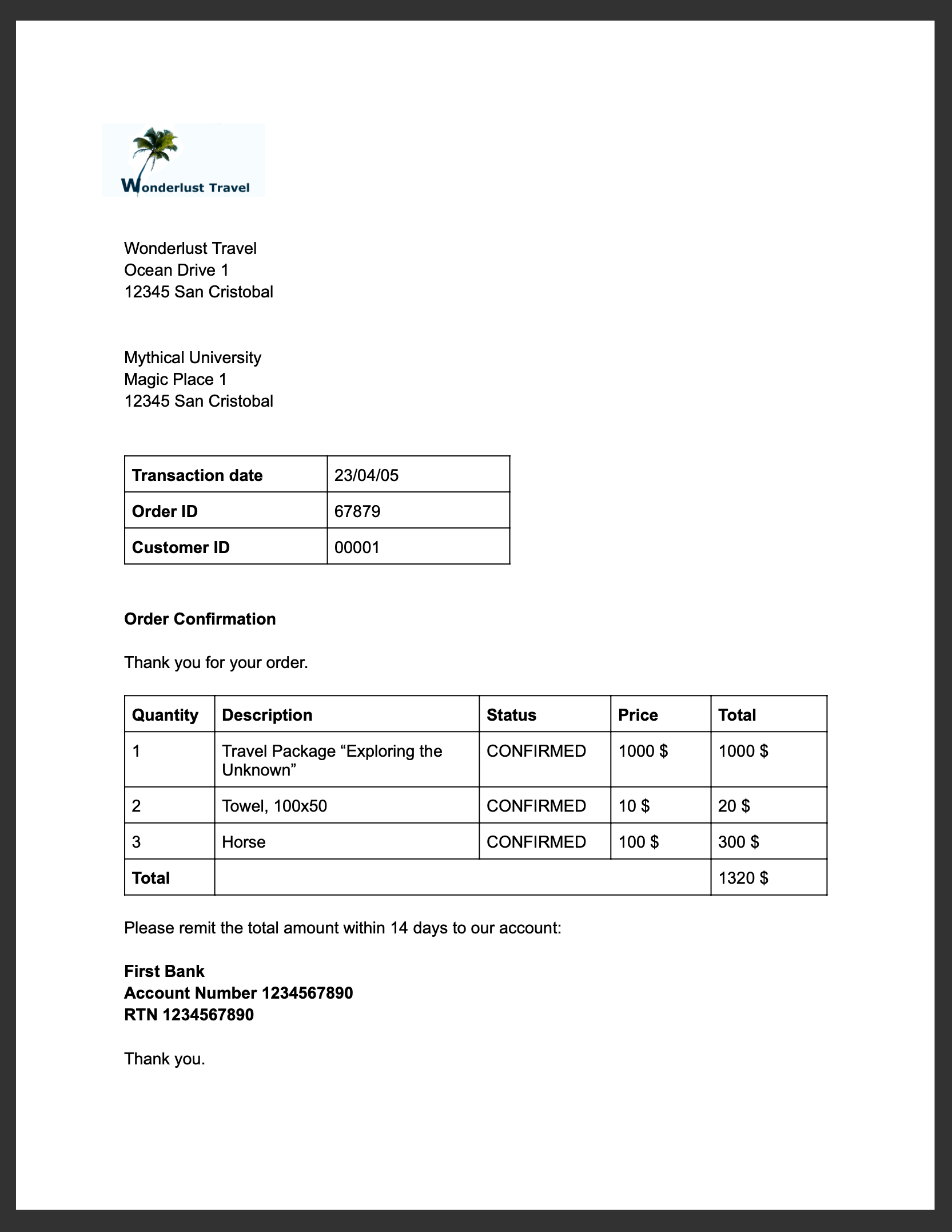 Letter containing a logo, headers, text, and tables. The order ID is contained in a table in a header in the middle of the page. The label says 'Order ID'.