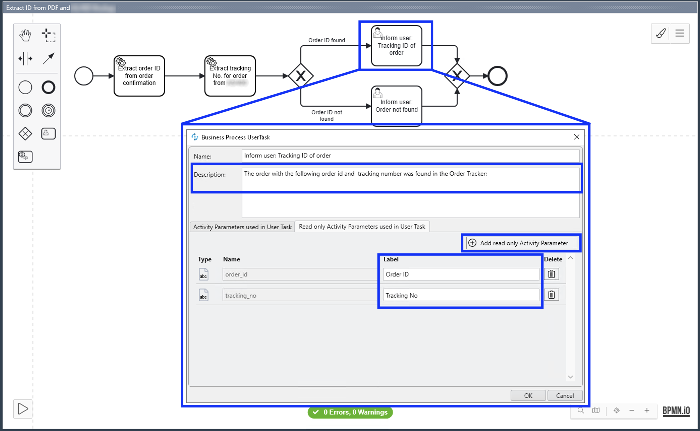 The User Tasks contains the description 'The order with the following oder ID and tracking number was found in the Order Tracker: '. The order ID and tracking number are included as Read-Only Activity Parameters.