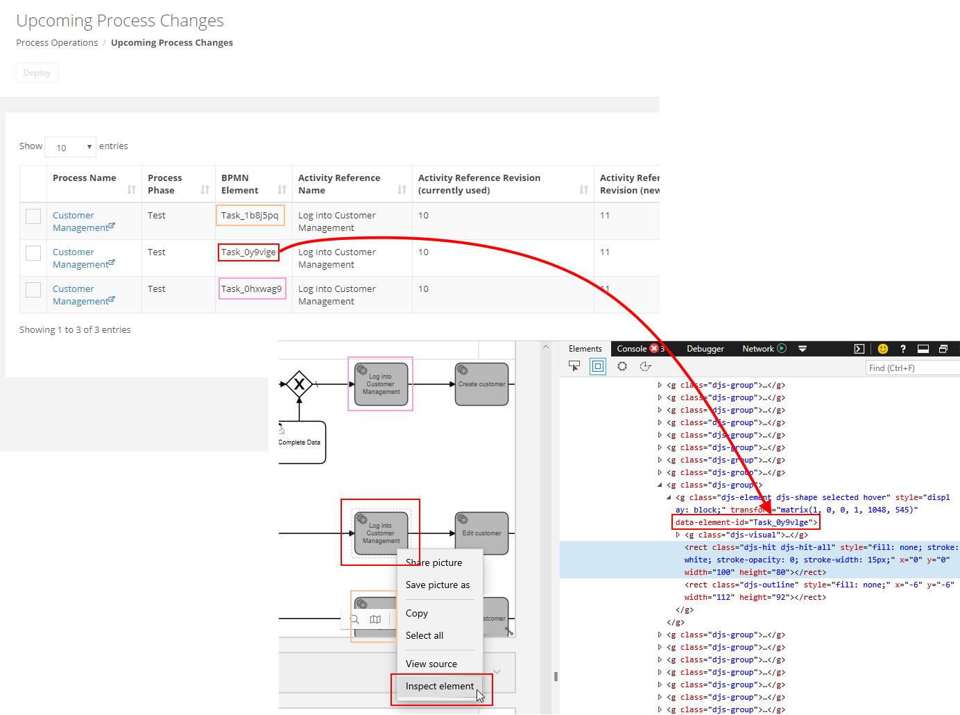 Screenshots of the Upcoming Process Changes table and the Automation Panel’s developer tools elements view with an element highlighted. An arrow shows matching IDs.