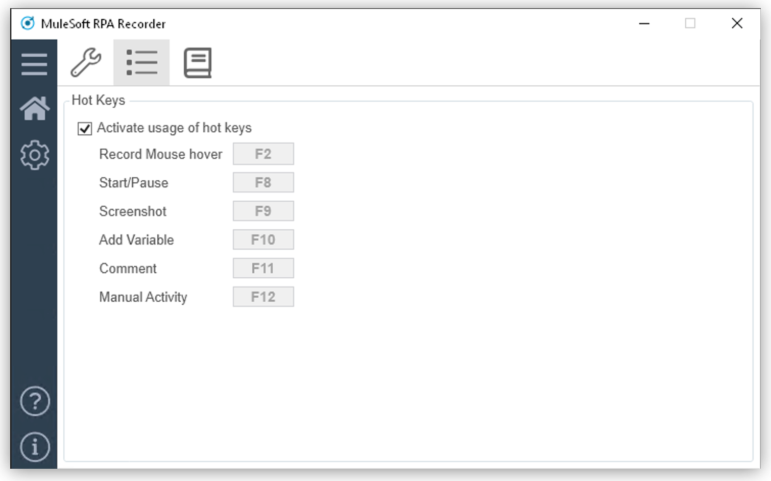 The hotkeys configuration window