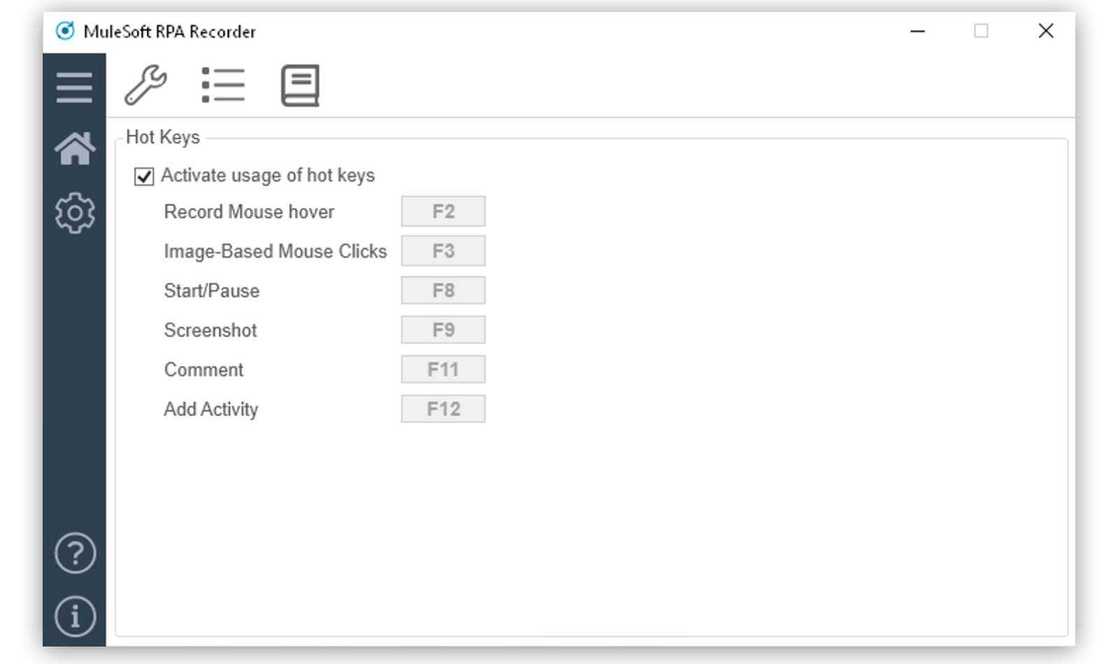 The Hot Keys configuration window