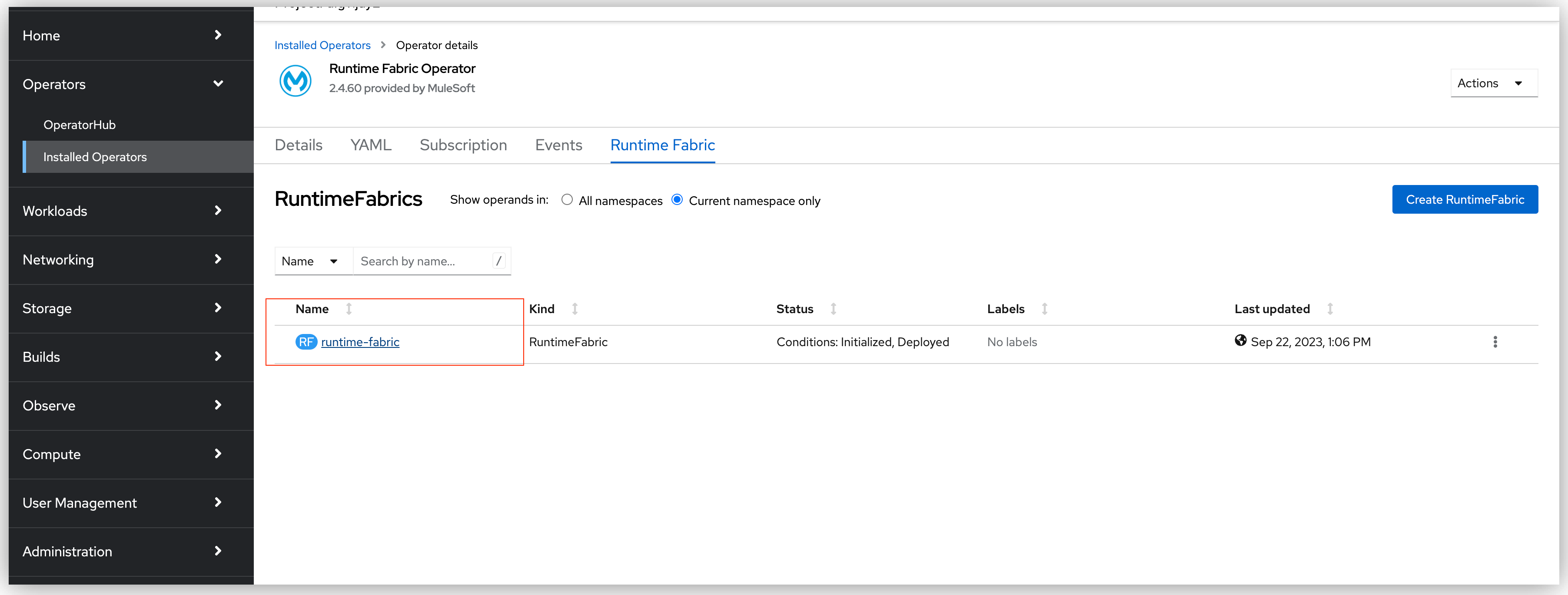 Runtime Fabric operator with runtime-fabric instance selected