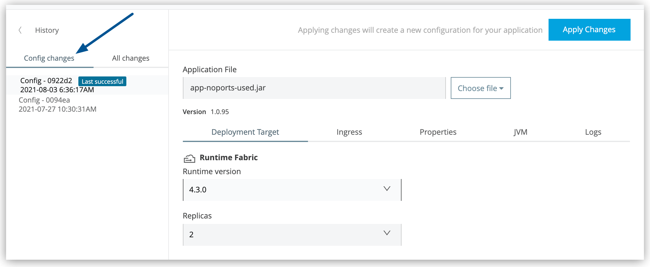 Configuration page for a Runtime Fabric application, displaying the application file, version, deployment target, runtime version, and replicas