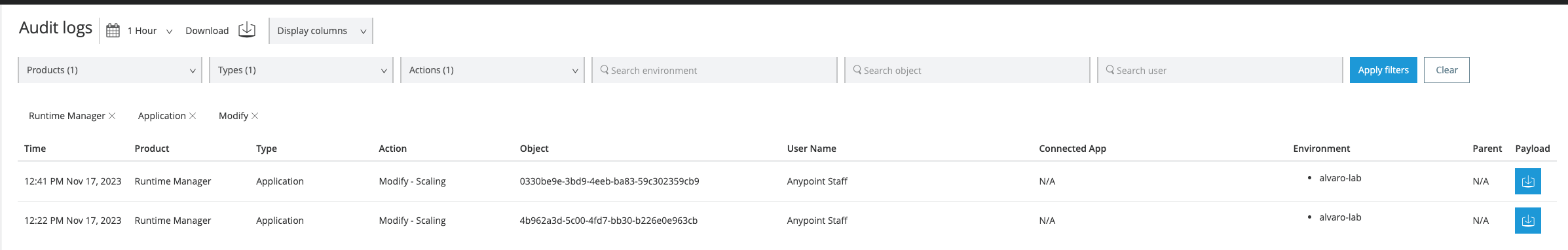 Runtime Manager UI with Audit logs and Scaling status