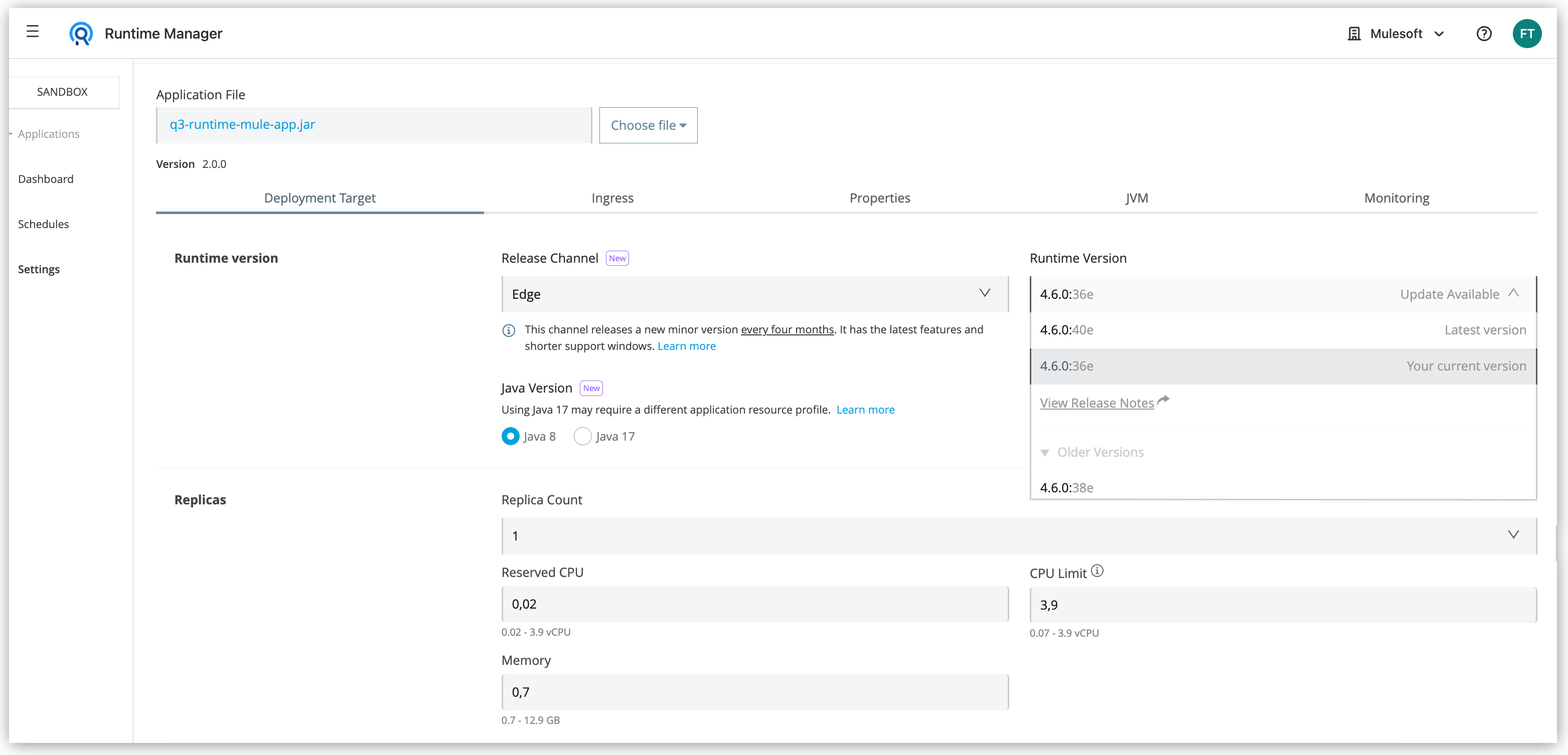 Runtime Manager UI with Mule Edge release dropdown window