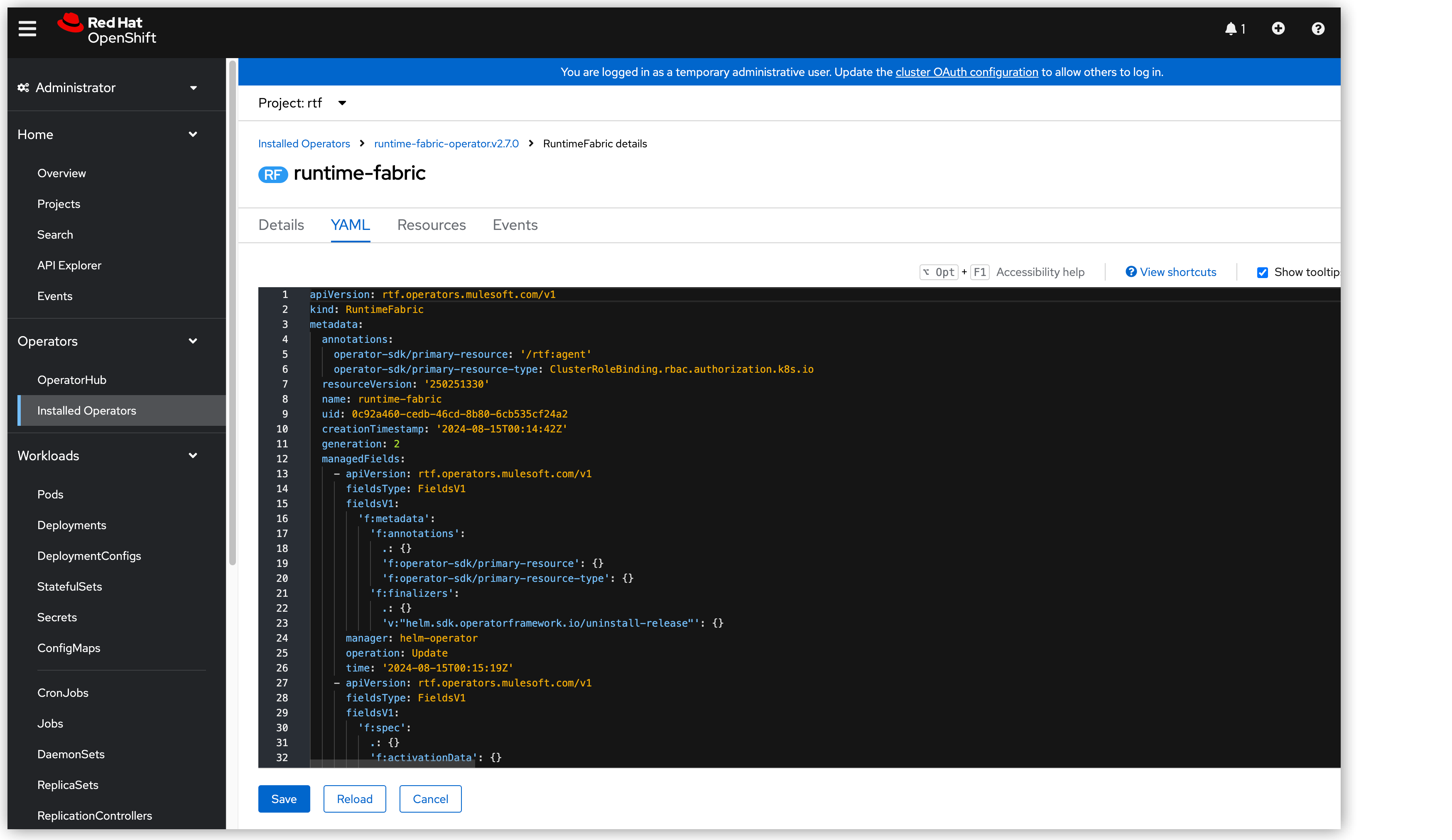 Runtime Fabric instance .yaml file.