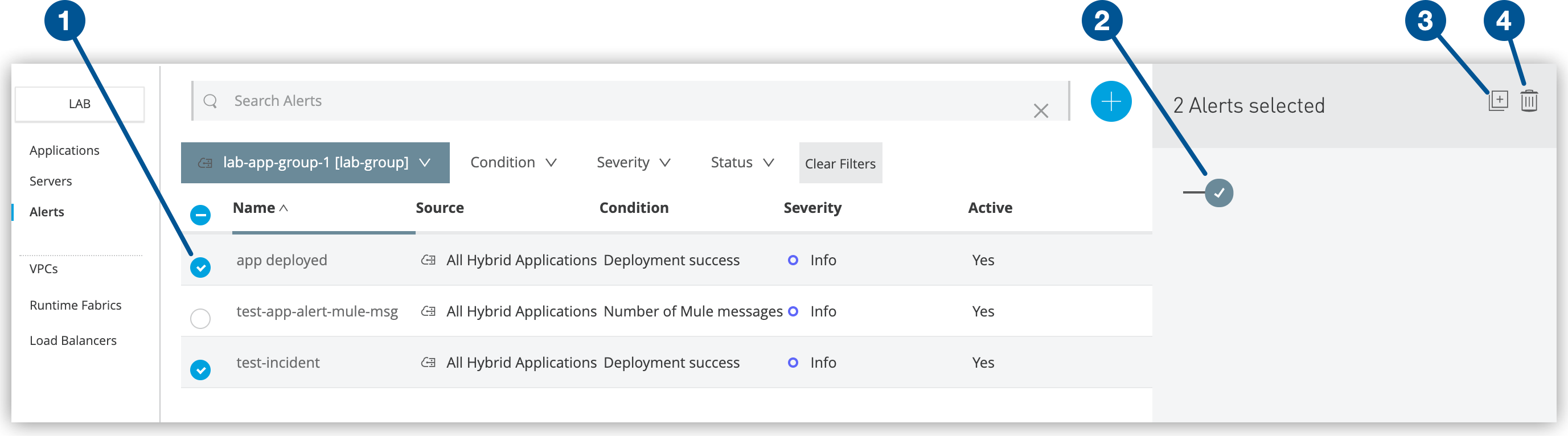 Select toggle, alert state switch, Duplicate icon, and Delete icon